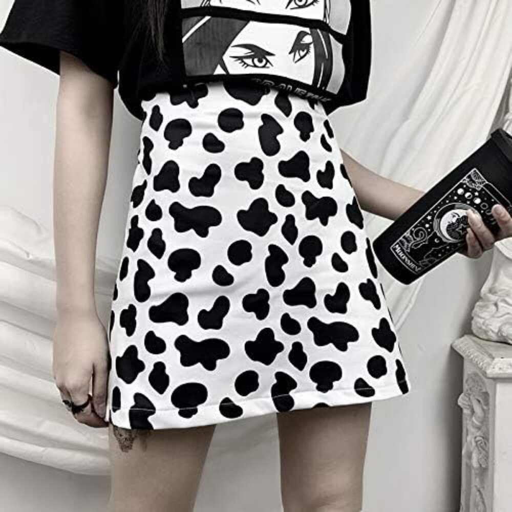 TOPVEST Women's Summer High Waist Cute Kpop Skirt Cow Print Casual A Line Mini S - Picture 2 of 5